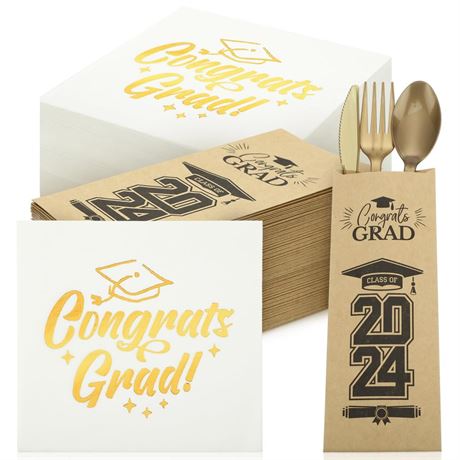 100 Pcs 2024 Graduation Silverware Bags Kraft Paper Napkin Set Includes 50