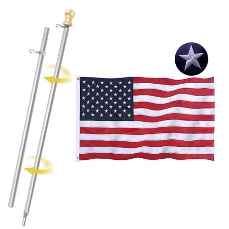 3x5 FT US Flag with Pole 6 FT Tangle Free Spinning Aluminum Flagpole,