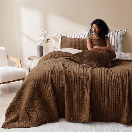 Wonderful Velvet Quilt, King Cocoa Brown Soft Fluff Texture Coverlet with