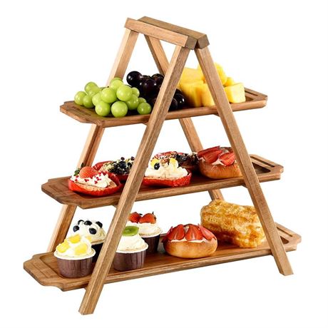 KADAR Acacia Wood Tiered Serving Tray, 3 Tier Serving Platter Party Serving