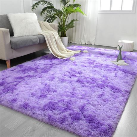 Purple Tie-Dyed Large Rugs for Living Room, 4x6 Feet Shaggy Rug Fluffy Throw