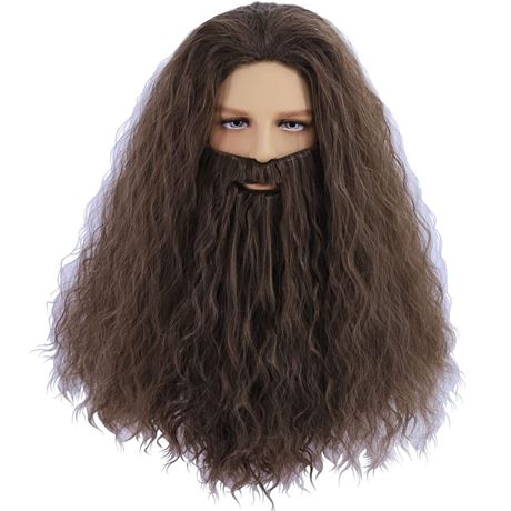 Mens Long Wigs and Beard Cosplay Halloween Costume Wig Set Costume Accessory