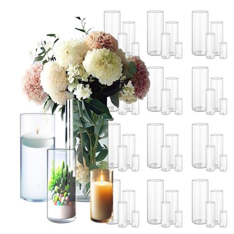 48 Pack Clear Glass Cylinder Vases for Centerpieces - Different Sizes Floating