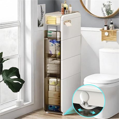 4 Tier Narrow Slim Bathroom Storage Cabinet, Skinny Plastic Bathroom Storage