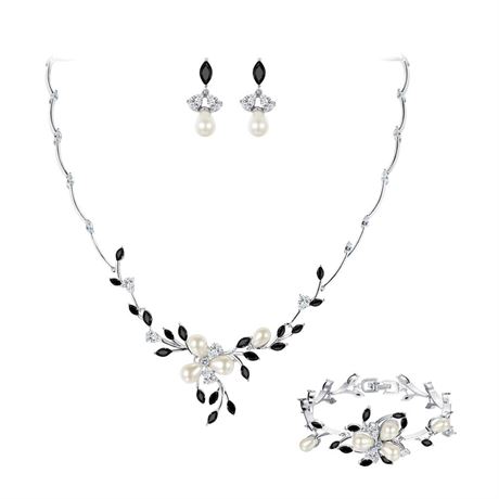 EVER FAITH Marquise CZ Simulated Pearl Bridal Flower Leaf Filigree Necklace