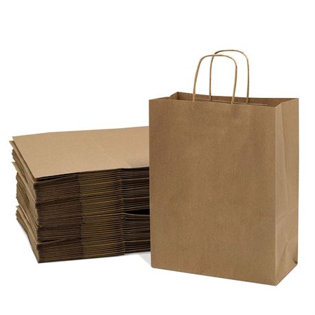 Prime Line Packaging 10x5x13 100 Pack Brown Bags with Handles, Medium Shopping
