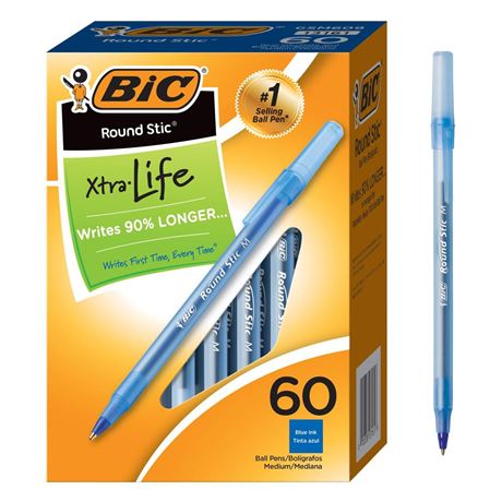 BIC Round Stic Xtra Life Blue Ballpoint Pens, Medium Point (1.0mm), 60-Count +