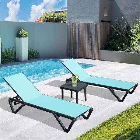 Domi Patio Lounge Chairs Set of 3, Aluminum Pool Chaise Lounge with Side