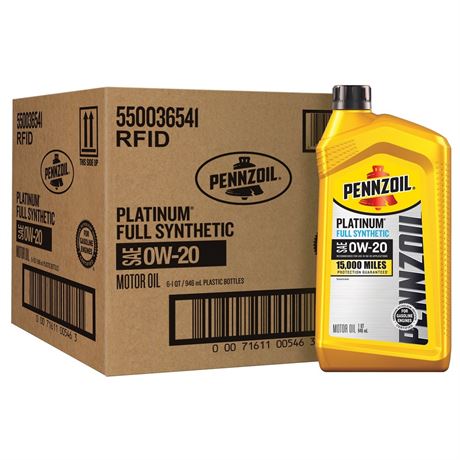 Pennzoil Platinum Full Synthetic 0W-20 Motor Oil, 1-Quart/ 3 Bottles
