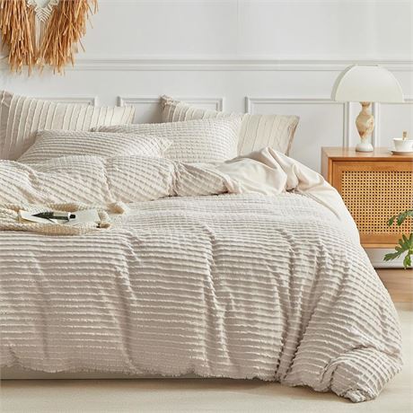 WARMDERN Boho Duvet Cover Set King Size,Khaki Striped Duvet Cover Microfiber