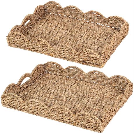 Scalloped Seagrass Tray, Hand-Woven Wicker Storage Baskets with Scalloped Edge