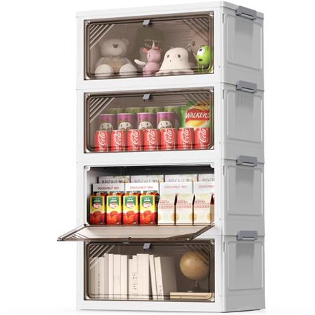 4 Tier Plastic Storage Bins with Drawers - Foldable Stackable Storage Bins with