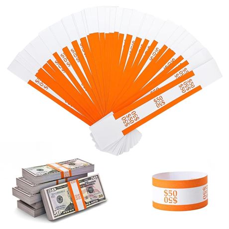 Self-Sealing Currency Straps - Pack of 100 Orange Bands for $50 Bills -