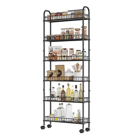 6 Tier Slim Storage Cart with Wheels, Metal Mobile Shelving Unit Organizer