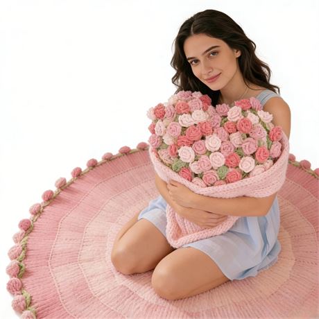 48" Diameter Crochet Flower Bouquet Blanket with Gift Box - Peach Gradient Long