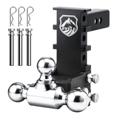 Off-Road Adjustable Trailer Hitch Tri-Ball Mount Fit 2” Receiver, 6” Rise/Drop