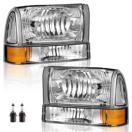 Headlights Assembly W/Bulbs for 99-04 Ford Super Duty F250 F350 F450 F550, for