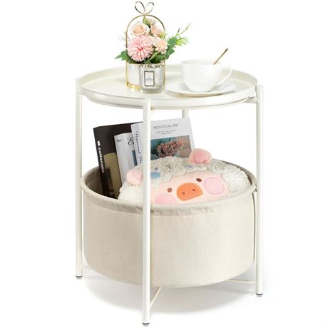 danpinera Round Side Table with Fabric Storage Basket, Metal Small Bedside