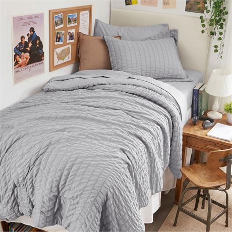 HYMOKEGE Light Grey Twin Comforter Set Seersucker 5 Pieces, All Season Luxury