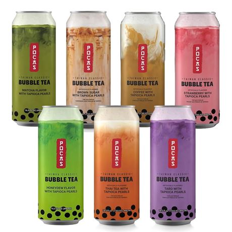 Pocas Bubble Tea with Tapioca Pearls, (Pack of 7, 16.5 oz), Asian Drinks,