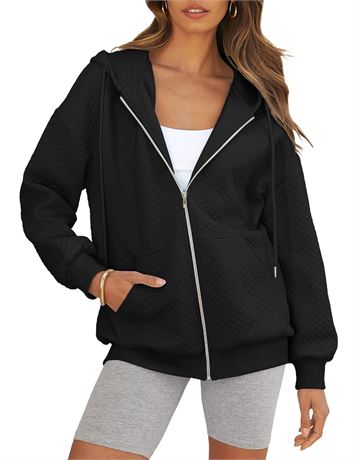 MEROKEETY Women Long Sleeve Oversized Zip Up Sweatshirt Drawstring Hoodies with