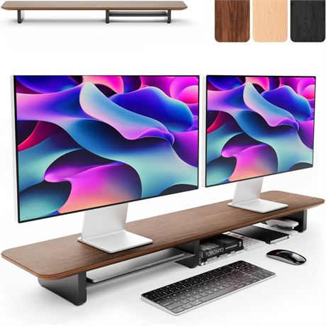 KIVY Dual Monitor Riser with Integrated Metal Shelf - Wooden desk shelf for top