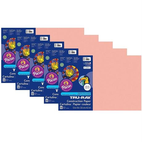 Tru-Ray Construction Paper, Salmon, 12" x 18", 50 Sheets Per Pack, 5 Packs