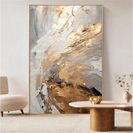 Framed Gold Oil Painting for Living Room,Hand Painted Abstract Canvas Wall Art