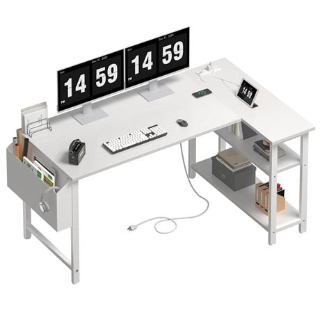 Lufeiya White L Shaped Computer Desk with Power Outlet Shelves, 47 Inch Corner