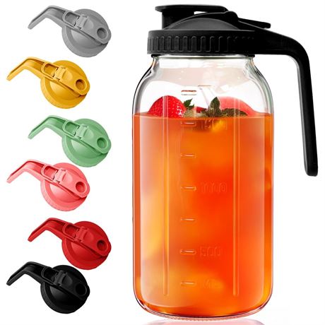 Glass Mason Jar Pitcher - 64 oz/2 Quart Wide Mouth Jug with Lid and Pour Spout,