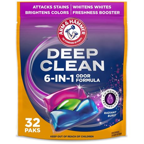 ARM & HAMMER Deep Clean Odor Formula Detergent Power Paks, Radiant Burst, 32