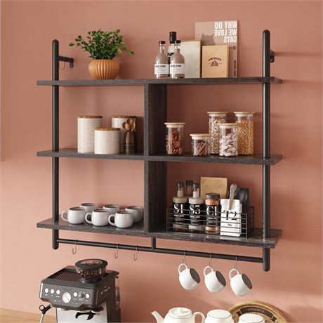 Bestier Kitchen Shelves Wall Mounted Floating Pipe Shelving 3 Tier 41.5" Coffee