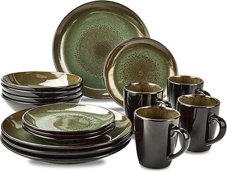 CREATIVELAND Plates and Bowls Sets, 16-Piece Round Reactive Glaze Dinnerware