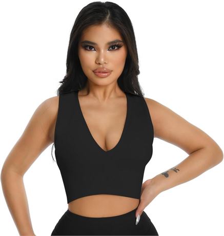 Sports Bra for Women Padded Sexy Sleeveless Seamless Crop Top Deep V Neck Vest