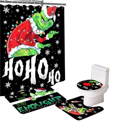 Merry Christmas Bathroom 3 Piece Set, Shower Curtain, Non-Slip Rug, Toilet Seat