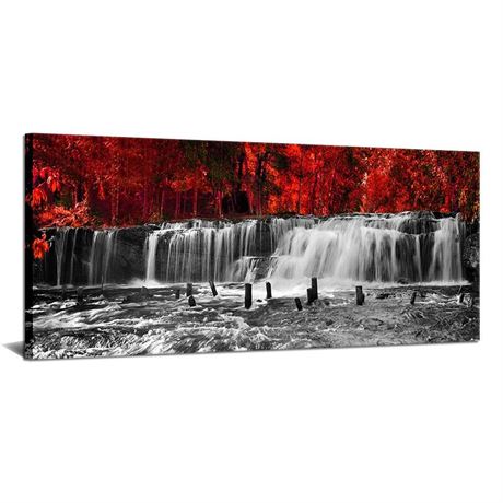 SkenoArt Black White Red Canvas Wall Art Autumn Red Trees Forest Waterfall