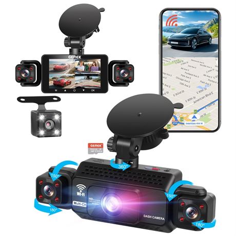 4 Channel Dash Cam 360° View 5G WiFi & APP Control, GEMEK 2K Front and Rear