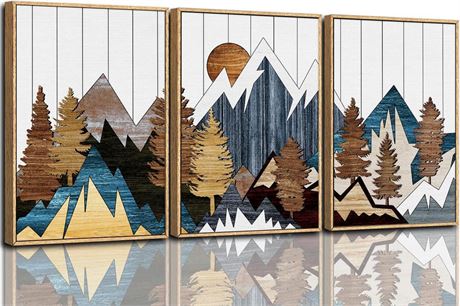 CHDITB Mountain Framed Canvas Wall Art Set, Country Woodcut Style Wall Decor,