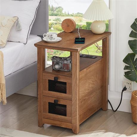 Farmhouse XXL End Table with Charging Station, Narrow Side Table with USB Ports