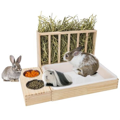 3 in 1 Rabbit Hay Feeder with Litter Box,Wooden Hay Feeder with 2 Bowls &