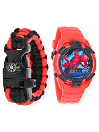 Marvel Spider Man Boy's Flashing LCD Silicone Watch With Survival Band 2 Piece