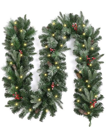 9FT Pre-lit Christmas Garland with Pine Cones and Berry Clusters, PVC & PE