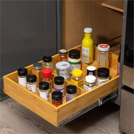 Fabsome Pull Out Cabinet Drawer Organizer, Sliding Bamboo Wood Storage Rack