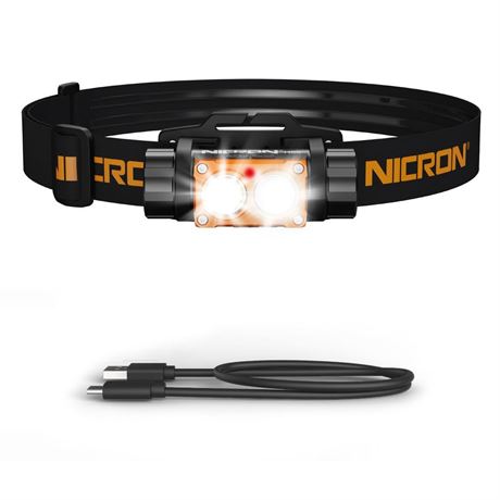 NICRON Headlamp Rechargeable, High Bright 1500 lumens 180° Rotating Aluminum