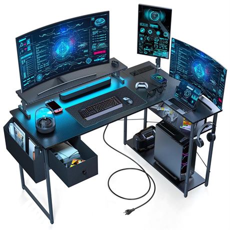 Gaming Desk, 47 inch L Shaped Gaming Desk, Computer desk with LED Lights &