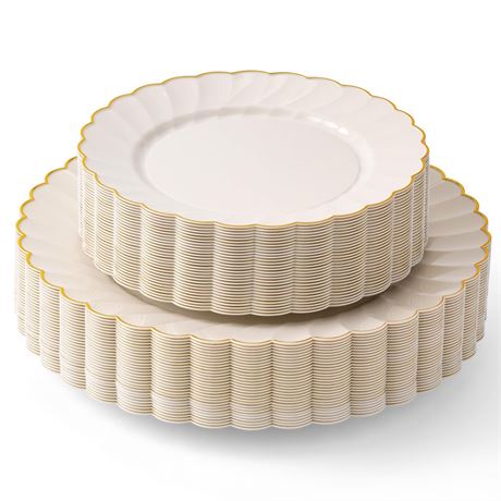 By Madee PREMIUM 60 Pc Ivory Scalloped Plastic Plates with Gold Trim – 30