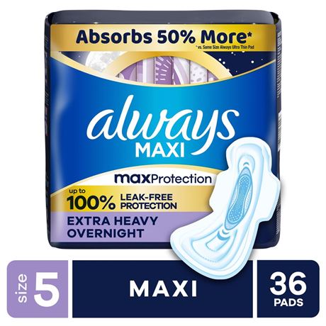 Always Maxi Pads with Wings, Size 5, Extra Heavy Overnight, 36 Count
