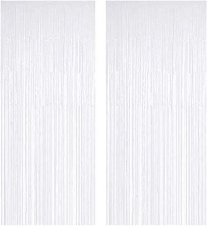 White Foil Fringe Curtain, 2PCS 3.28FT x 8.2FT Metallic Tinsel Door Curtains