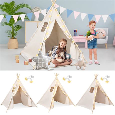 3 Set Teepee Tents for Kids 6ft Cotton Canvas Play Tents with LED String Lights