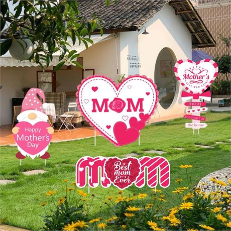 Mothers Day Decorations Yard Signs 4pcs Gnomes Floral Heart Shape Happy